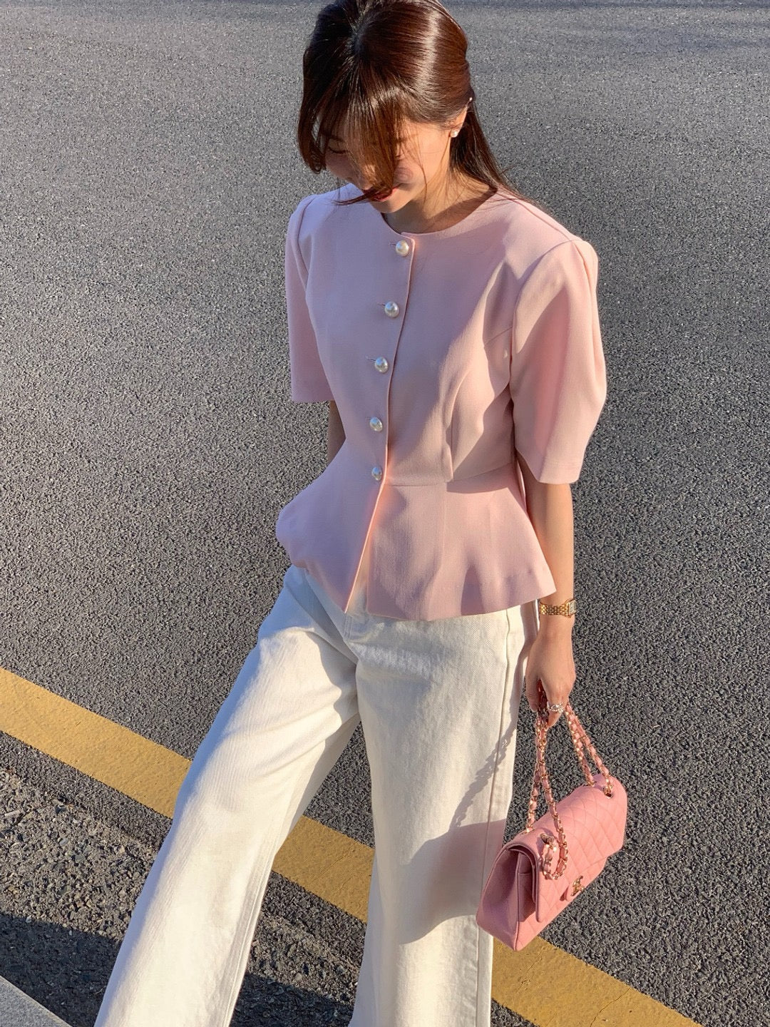 圓領單排扣收腰短袖小外套