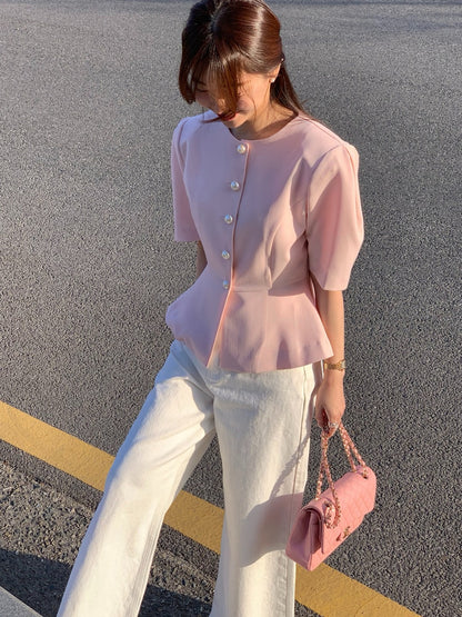 圓領單排扣收腰短袖小外套