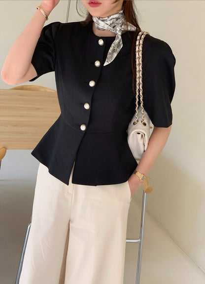 圓領單排扣收腰短袖小外套