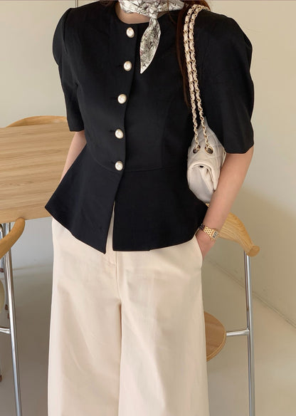 圓領單排扣收腰短袖小外套