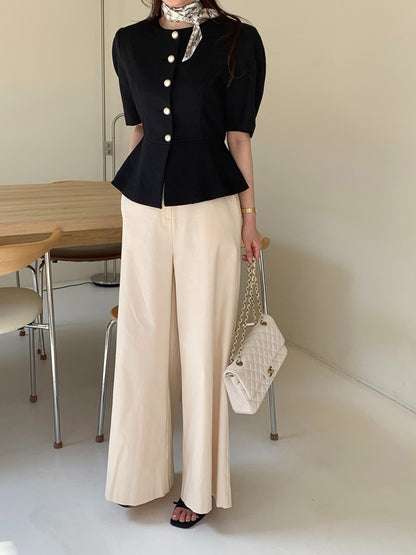 圓領單排扣收腰短袖小外套