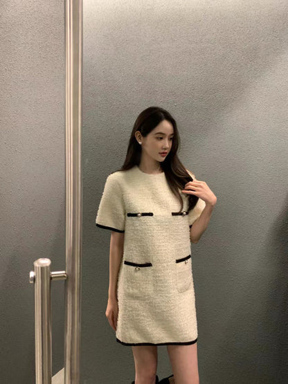 圓領粗花呢短袖連身裙