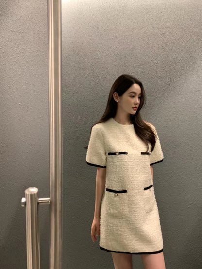 圓領粗花呢短袖連身裙
