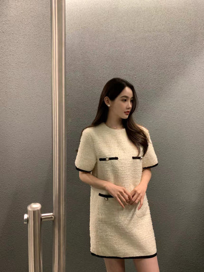 圓領粗花呢短袖連身裙
