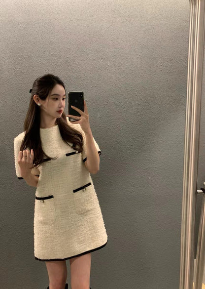 圓領粗花呢短袖連身裙