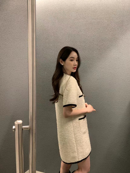 圓領粗花呢短袖連身裙