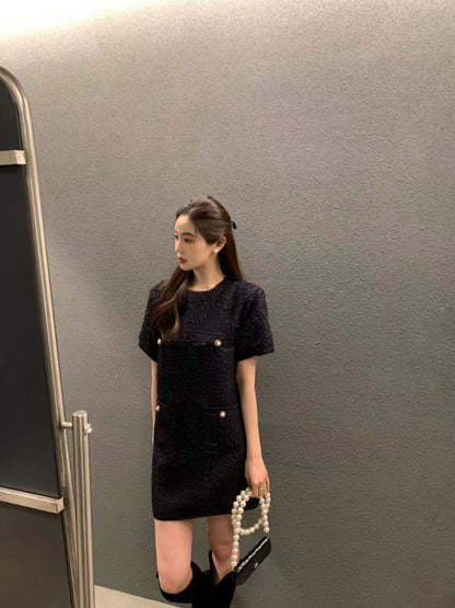 圓領粗花呢短袖連身裙