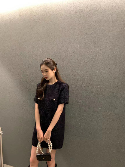 圓領粗花呢短袖連身裙