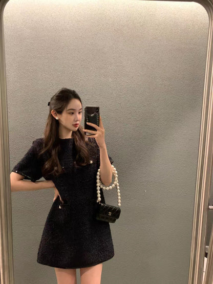 圓領粗花呢短袖連身裙