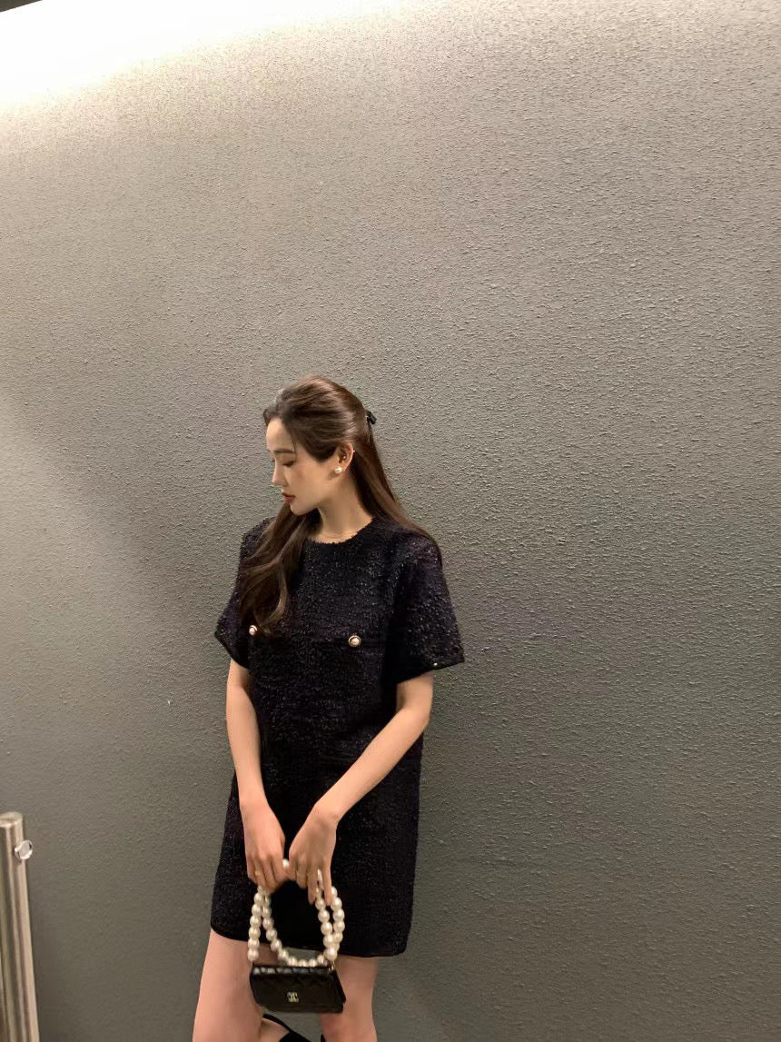 圓領粗花呢短袖連身裙