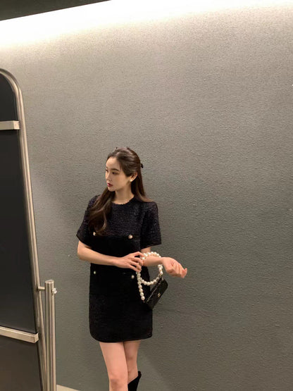 圓領粗花呢短袖連身裙