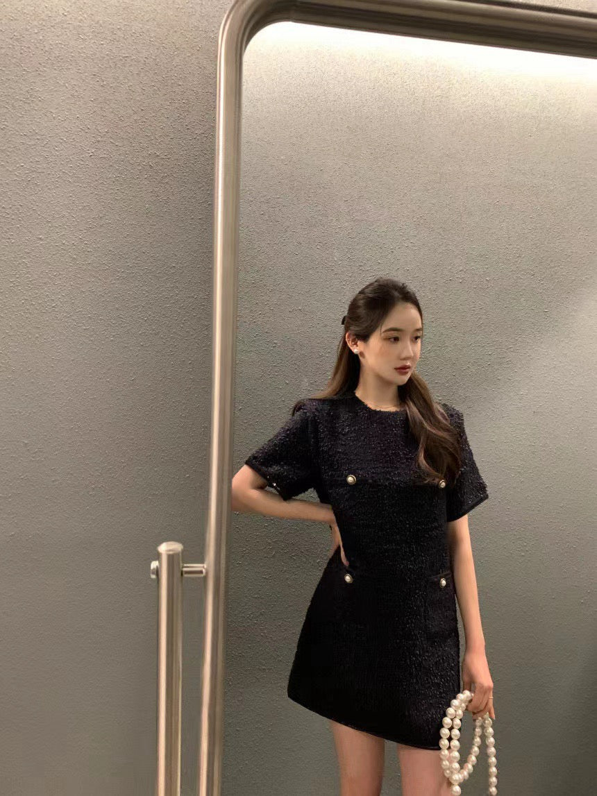 圓領粗花呢短袖連身裙