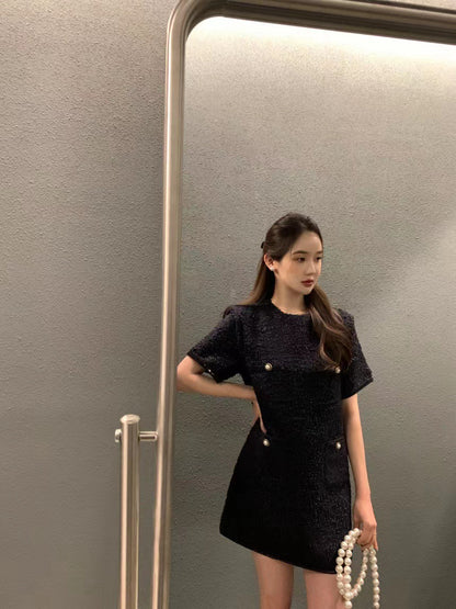 圓領粗花呢短袖連身裙