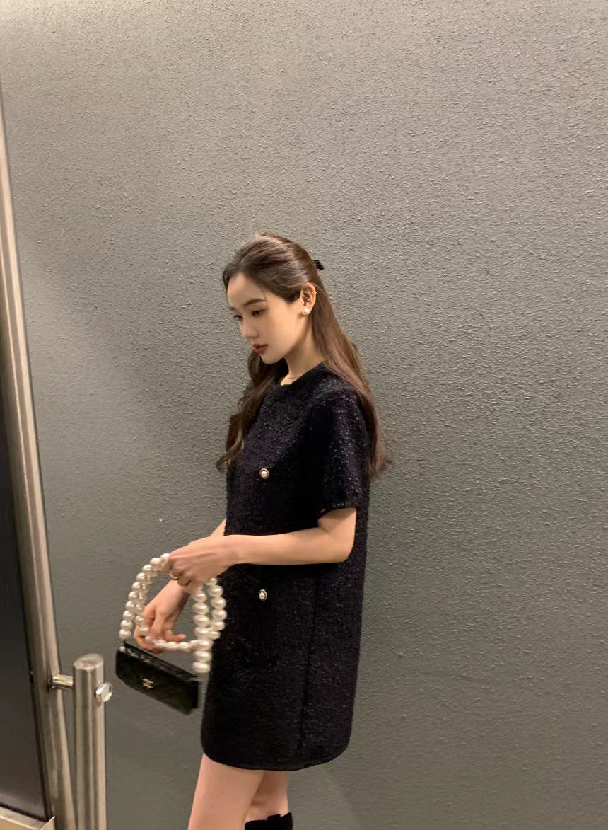 圓領粗花呢短袖連身裙