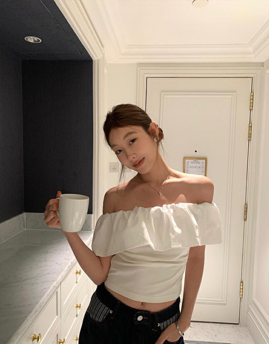 荷葉邊一字肩修身top