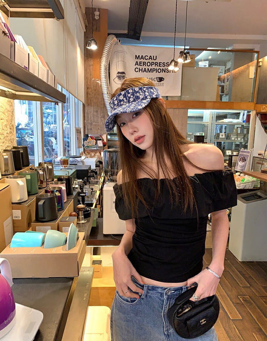 荷葉邊一字肩修身top