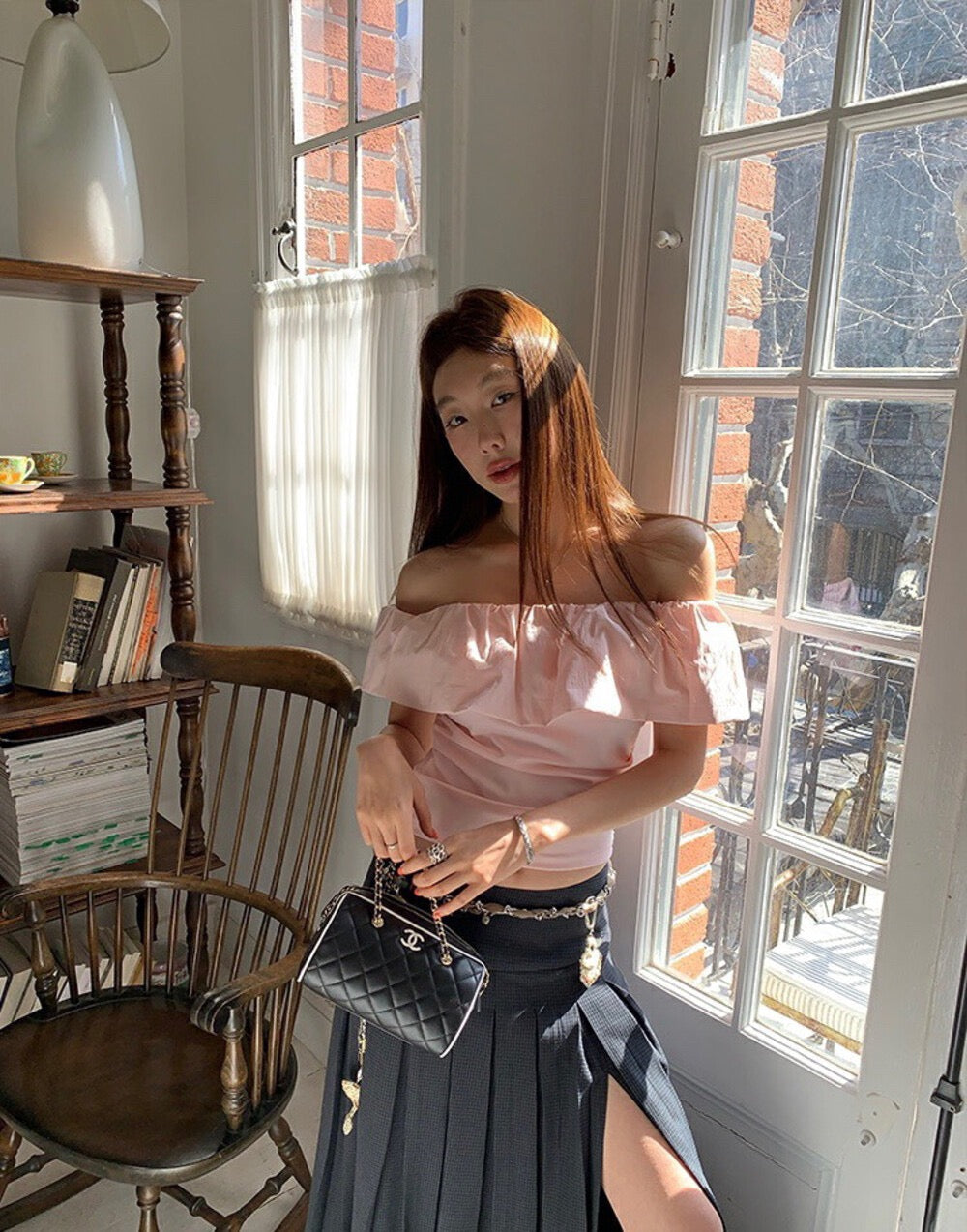 フリルオフショルダースリムトップス