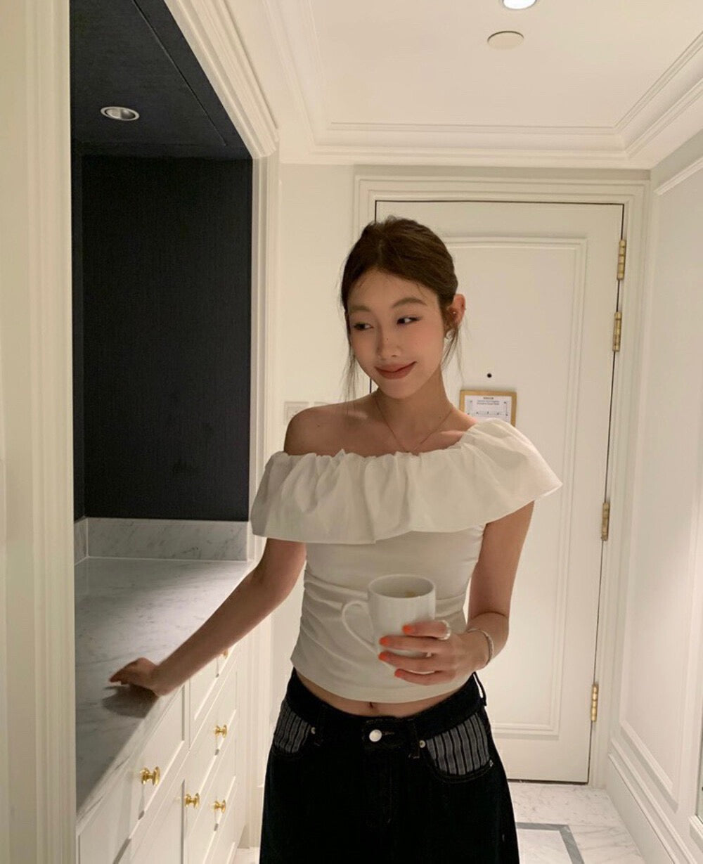 フリルオフショルダースリムトップス