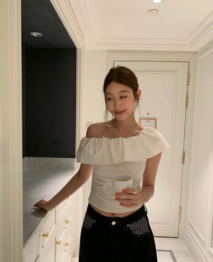 フリルオフショルダースリムトップス