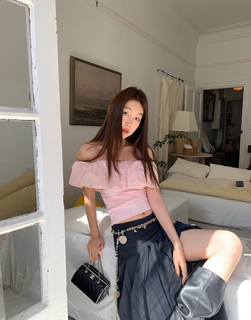 フリルオフショルダースリムトップス