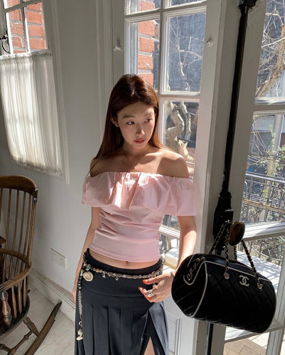 フリルオフショルダースリムトップス