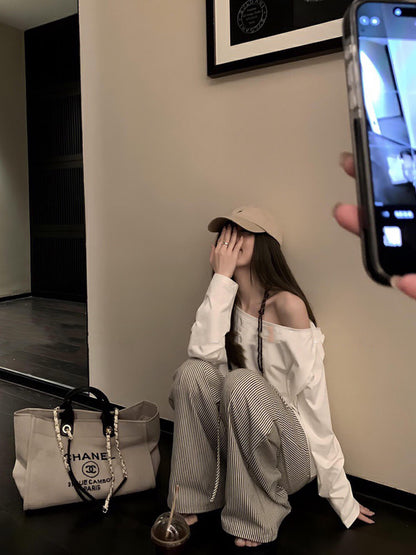 黑白條紋闊腿褲