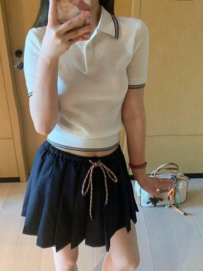 Color-block Polo Collar Knit Top