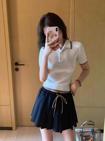 Color-block Polo Collar Knit Top