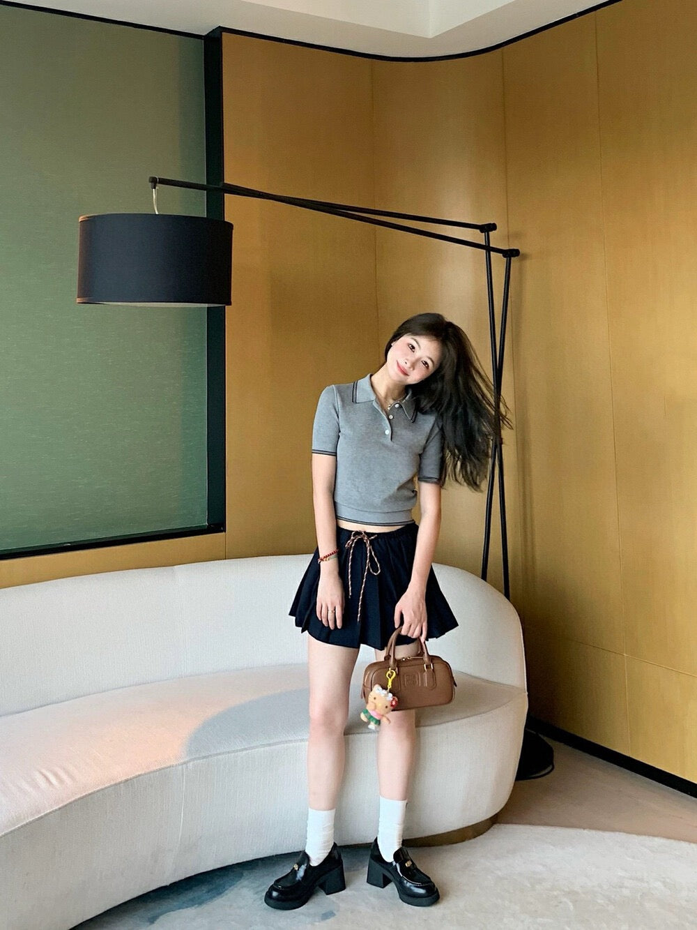 Color-block Polo Collar Knit Top