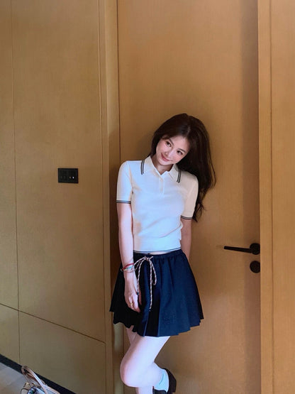 Color-block Polo Collar Knit Top