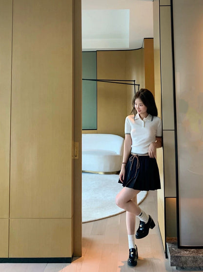 Color-block Polo Collar Knit Top