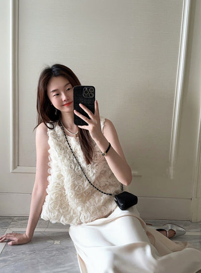 French 3D Rose Sleeveless Top + Satin Draped Midi Skirt Set