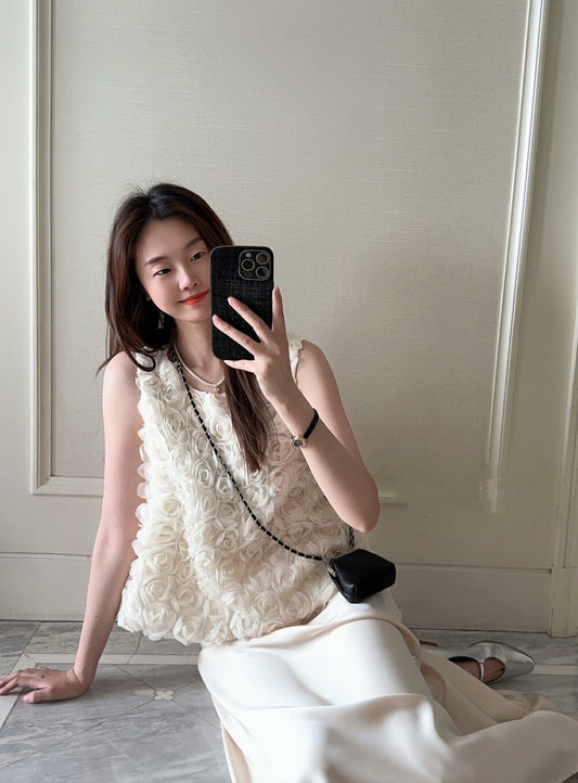 French 3D Rose Sleeveless Top + Satin Draped Midi Skirt Set