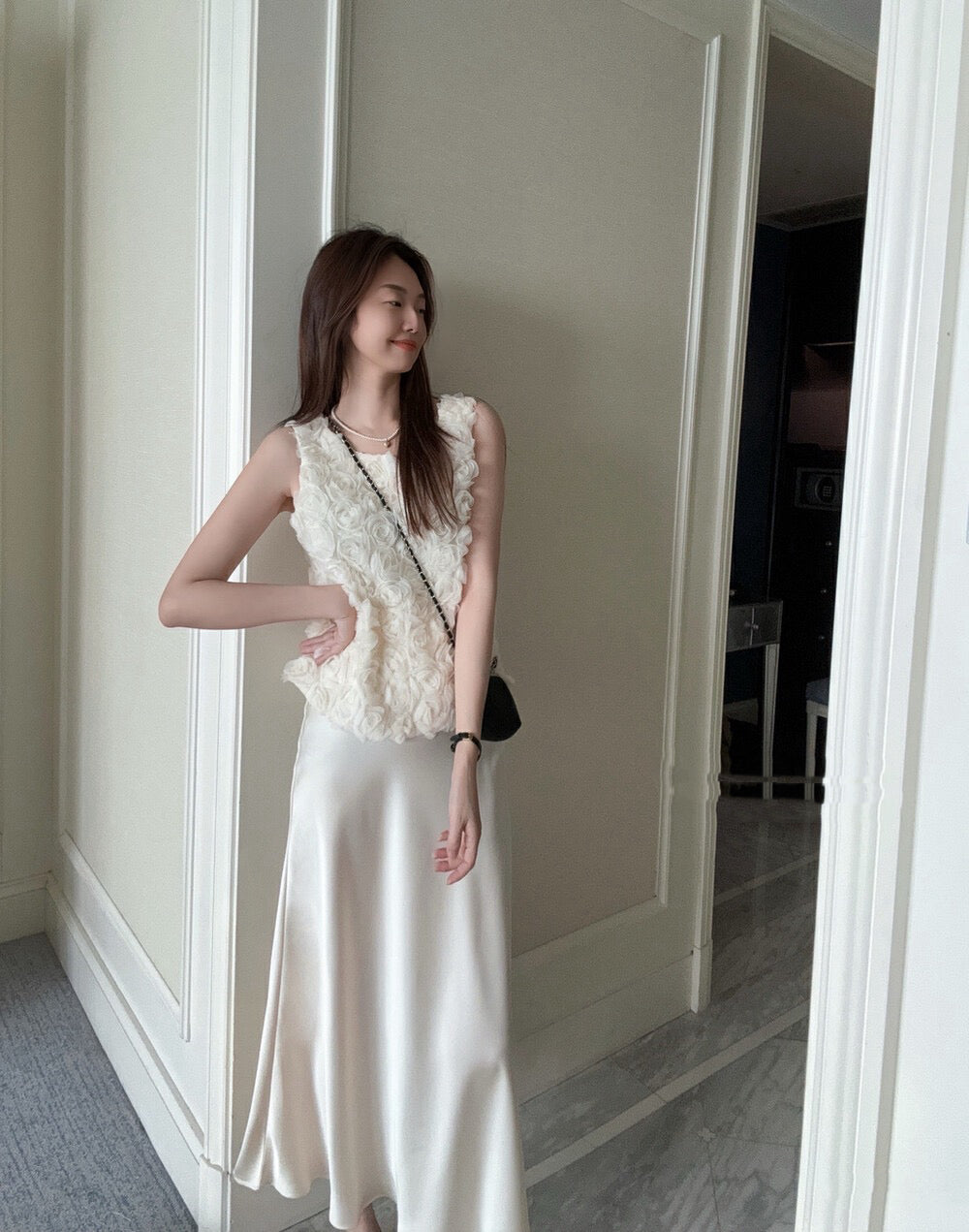 French 3D Rose Sleeveless Top + Satin Draped Midi Skirt Set