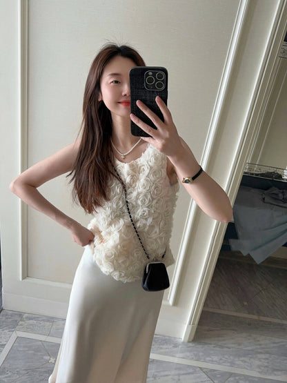 French 3D Rose Sleeveless Top + Satin Draped Midi Skirt Set