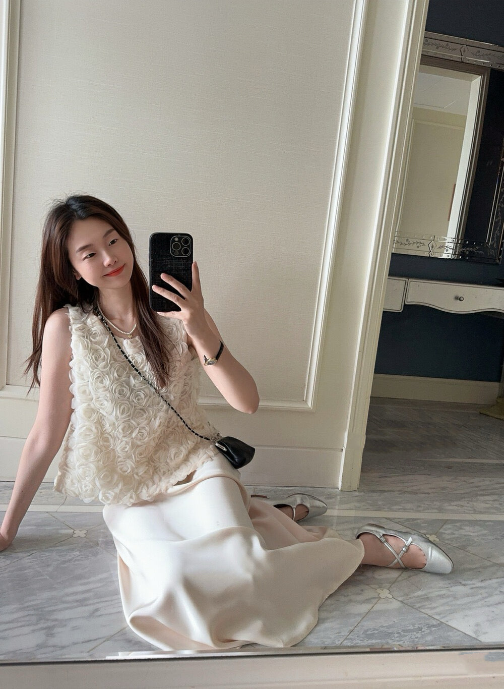 French 3D Rose Sleeveless Top + Satin Draped Midi Skirt Set