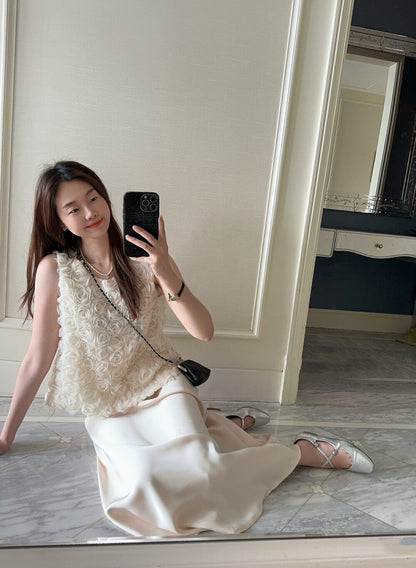 French 3D Rose Sleeveless Top + Satin Draped Midi Skirt Set