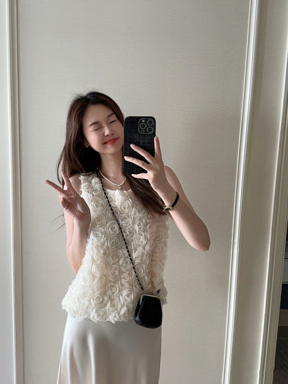 French 3D Rose Sleeveless Top + Satin Draped Midi Skirt Set