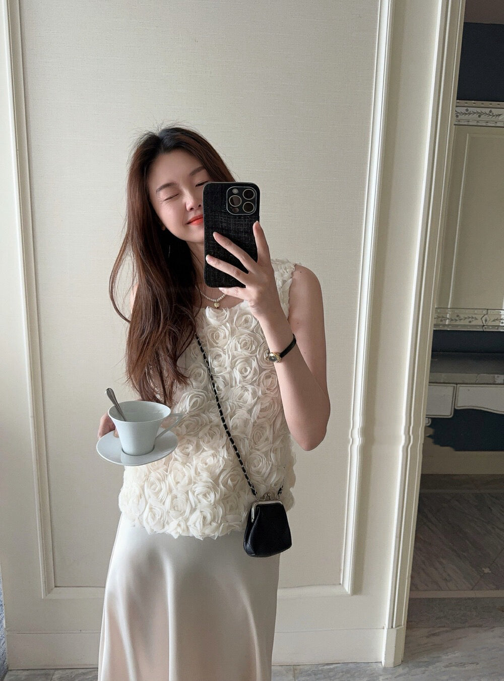 French 3D Rose Sleeveless Top + Satin Draped Midi Skirt Set