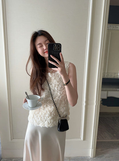 French 3D Rose Sleeveless Top + Satin Draped Midi Skirt Set