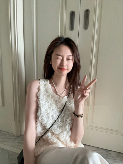 French 3D Rose Sleeveless Top + Satin Draped Midi Skirt Set