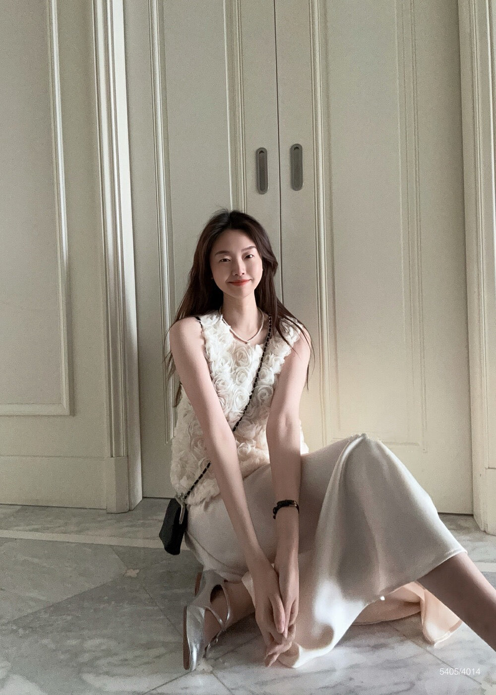 French 3D Rose Sleeveless Top + Satin Draped Midi Skirt Set