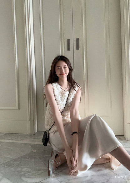 French 3D Rose Sleeveless Top + Satin Draped Midi Skirt Set