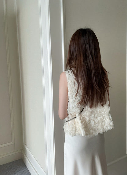 French 3D Rose Sleeveless Top + Satin Draped Midi Skirt Set