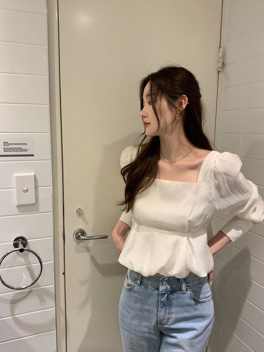 Square Neck Puff Sleeve Chiffon Blouse