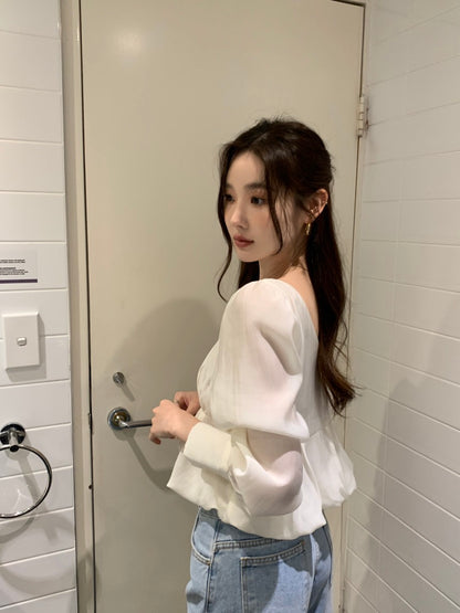 Square Neck Puff Sleeve Chiffon Blouse