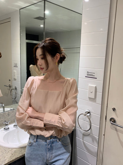 Square Neck Puff Sleeve Chiffon Blouse