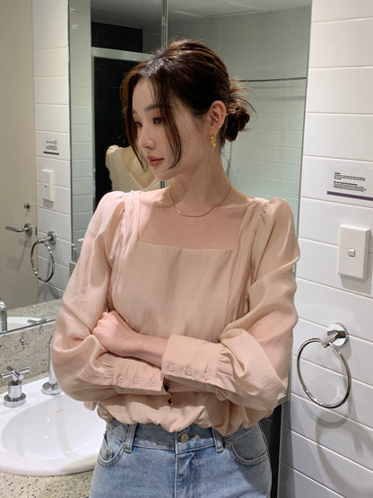 Square Neck Puff Sleeve Chiffon Blouse