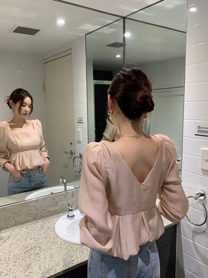 Square Neck Puff Sleeve Chiffon Blouse