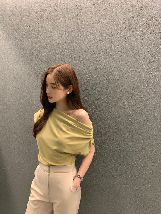 法式斜肩顯瘦top